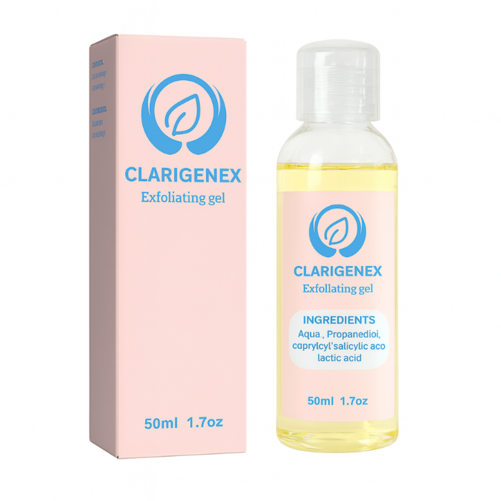 Clarigenex exfoliating gel bottle and packaging on a white background